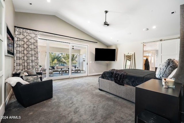 carpeted bedroom with access to outside, a barn door, and vaulted ceiling