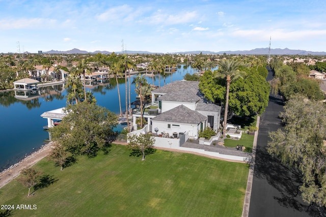 bird's eye view featuring a water and mountain view