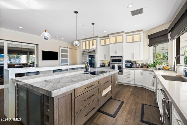 kitchen with light stone countertops, stainless steel appliances, sink, a barn door, and white cabinetry