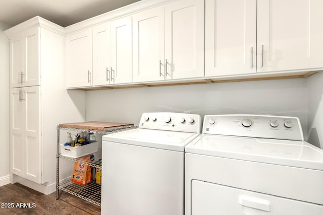 1492 E Westchester Dr, Chandler, AZ 85249 - laundry room with independent washer and dryer, baseboards, dark wood finished floors, and cabinet space