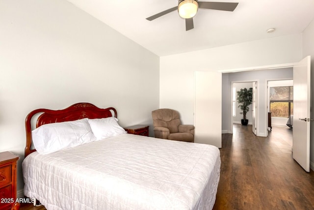 1492 E Westchester Dr, Chandler, AZ 85249 - bedroom with lofted ceiling, dark wood finished floors, ceiling fan, and baseboards