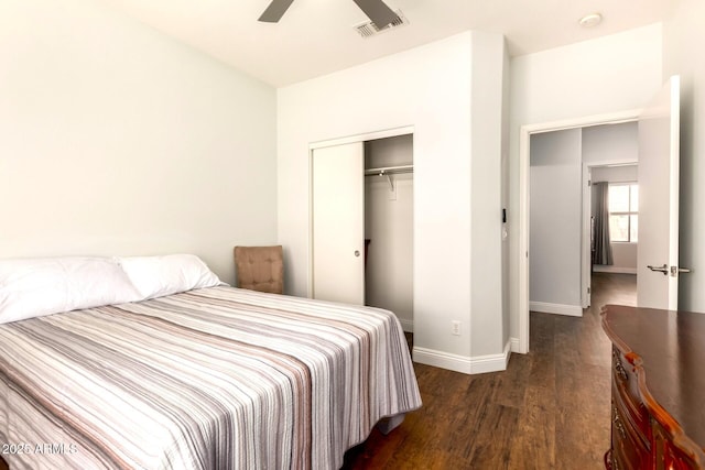1492 E Westchester Dr, Chandler, AZ 85249 - bedroom featuring baseboards, wood finished floors, a closet, and a ceiling fan