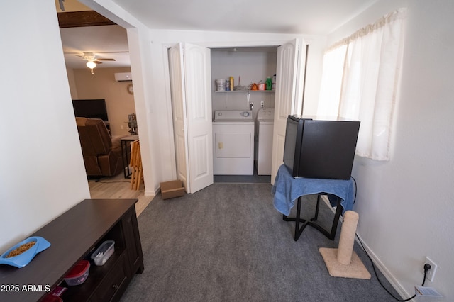 7411 N Toya Vista Rd, Payson, AZ 85541 - sitting room featuring independent washer and dryer, carpet floors, a ceiling fan, and baseboards