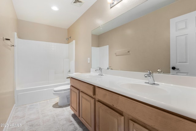 full bathroom featuring shower / bathing tub combination, vanity, and toilet