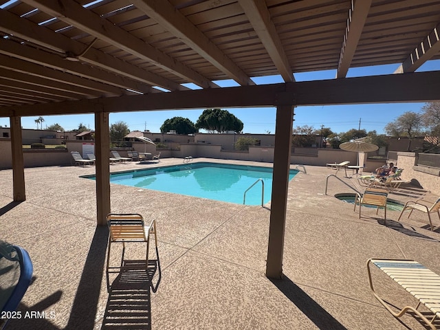 pool featuring a fenced backyard, a patio, and a pergola