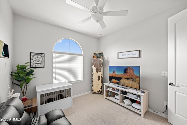 3505 W Verde River Rd, San Tan Valley, AZ 85144 - carpeted living room featuring baseboards and a ceiling fan