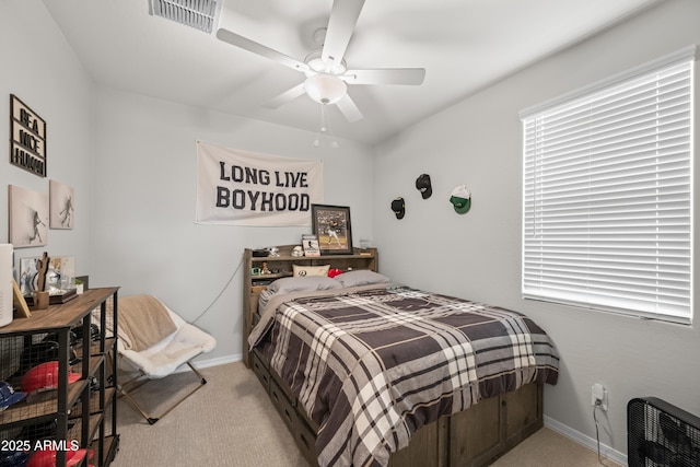 3505 W Verde River Rd, San Tan Valley, AZ 85144 - bedroom featuring a ceiling fan, visible vents, carpet flooring, baseboards, and heating unit