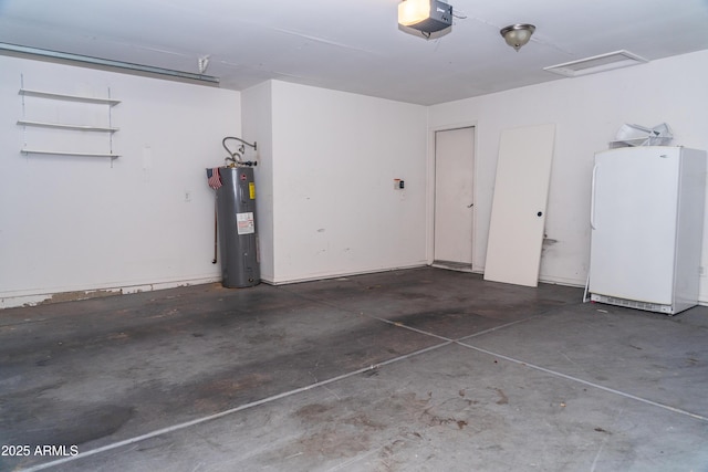 garage with a garage door opener, electric water heater, and white refrigerator