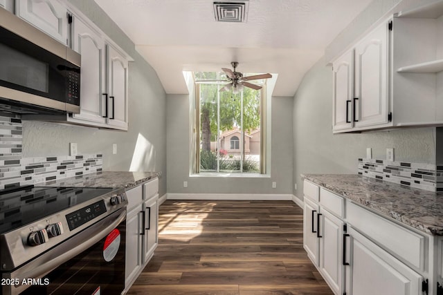 3832 N Gallatin, Mesa, AZ 85215 - kitchen featuring dark wood-style flooring, white cabinets, ceiling fan, light stone countertops, and appliances with stainless steel finishes