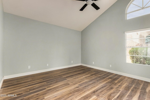 3832 N Gallatin, Mesa, AZ 85215 - unfurnished room with baseboards, dark wood-style flooring, high vaulted ceiling, and a ceiling fan