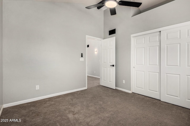 3832 N Gallatin, Mesa, AZ 85215 - unfurnished bedroom featuring a closet, high vaulted ceiling, visible vents, carpet, and baseboards