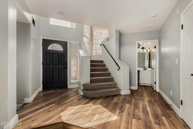 3832 N Gallatin, Mesa, AZ 85215 - foyer entrance with baseboards, visible vents, wood finished floors, and stairway