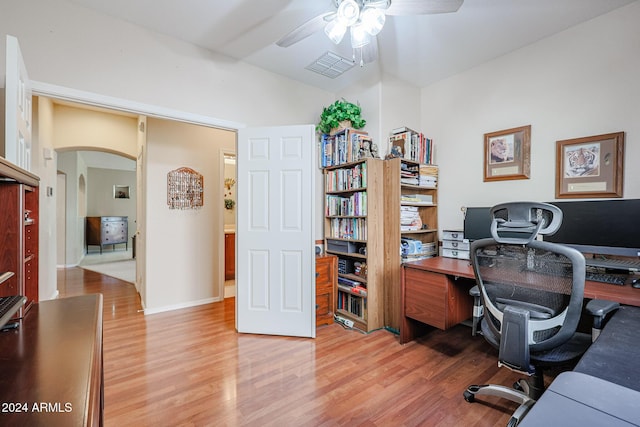 office area with hardwood / wood-style floors, ceiling fan, and vaulted ceiling