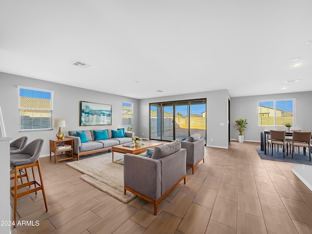 living room with light wood-type flooring and a wealth of natural light