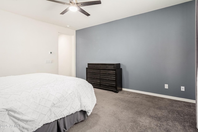 bedroom featuring carpet flooring, ceiling fan, and baseboards