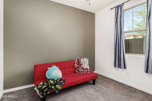 sitting room featuring carpet floors and baseboards