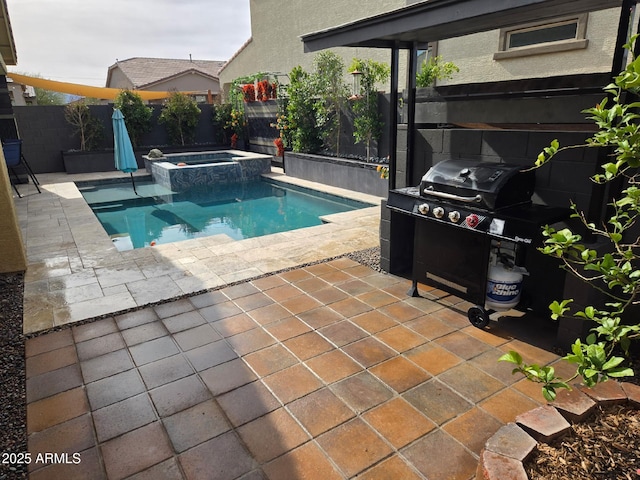 view of swimming pool with a pool with connected hot tub, a patio area, and a fenced backyard