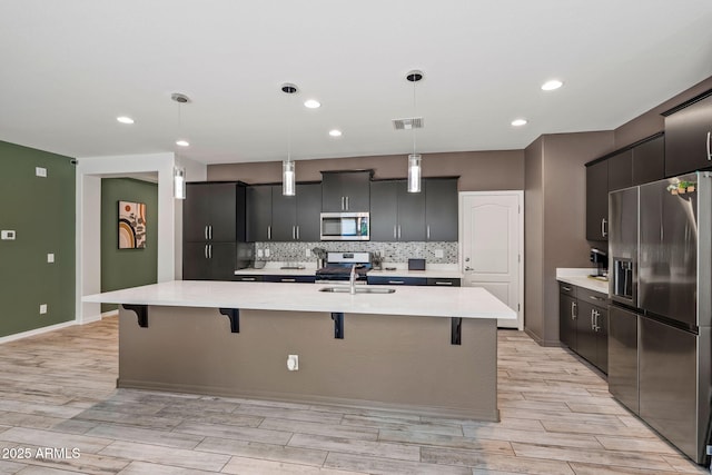 kitchen with visible vents, light countertops, appliances with stainless steel finishes, backsplash, and a kitchen bar
