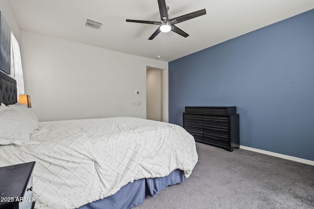 carpeted bedroom with baseboards, visible vents, and ceiling fan