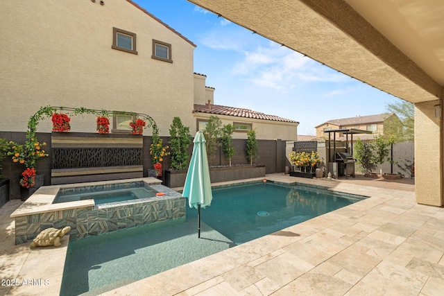 view of swimming pool with a patio, a fenced backyard, an in ground hot tub, a grill, and a fenced in pool