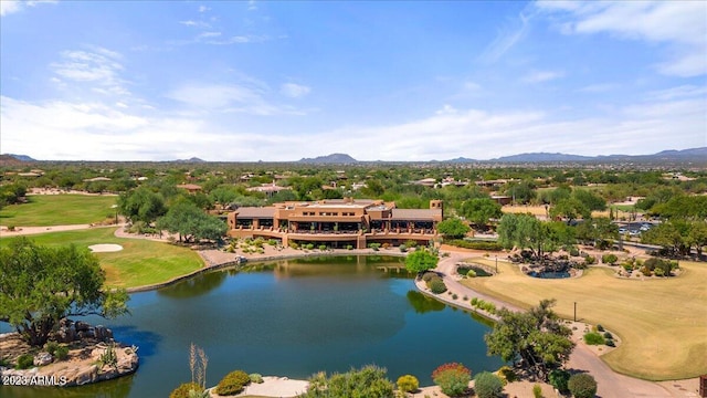 birds eye view of property featuring a water and mountain view