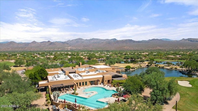 aerial view with a water and mountain view