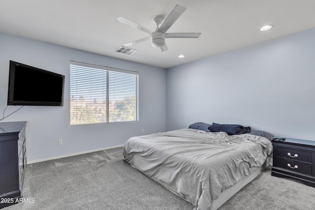 carpeted bedroom with ceiling fan