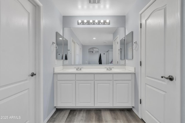 bathroom with wood-type flooring and vanity