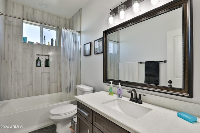 full bathroom featuring vanity, toilet, and shower / bathtub combination with curtain