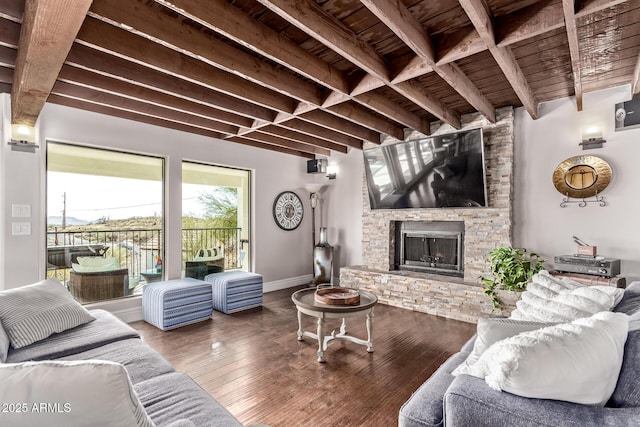 36723 N 33rd Ave, Phoenix, AZ 85086 - living area with baseboards, a fireplace, beam ceiling, and hardwood / wood-style floors