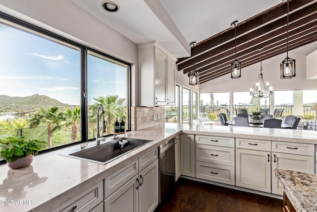 36723 N 33rd Ave, Phoenix, AZ 85086 - kitchen featuring lofted ceiling with beams, decorative backsplash, dark wood finished floors, a sink, and stainless steel dishwasher