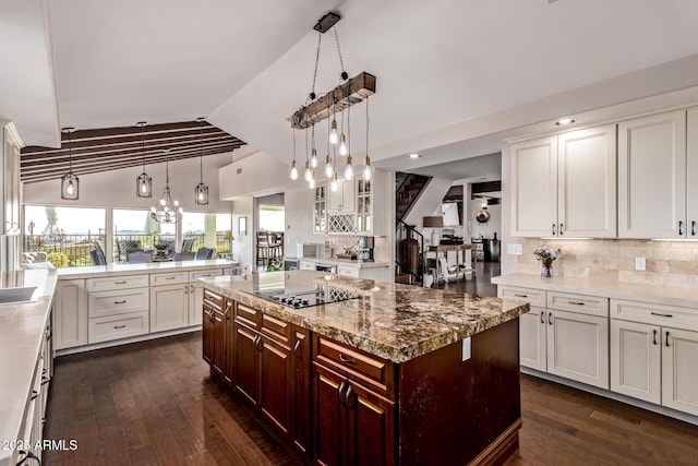 36723 N 33rd Ave, Phoenix, AZ 85086 - kitchen featuring lofted ceiling, dark wood-style floors, backsplash, and glass insert cabinets
