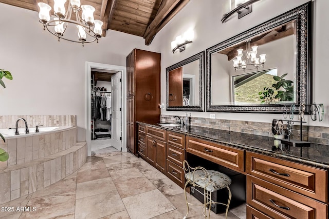 36723 N 33rd Ave, Phoenix, AZ 85086 - full bathroom featuring vanity, lofted ceiling with beams, wooden ceiling, a chandelier, and a garden tub