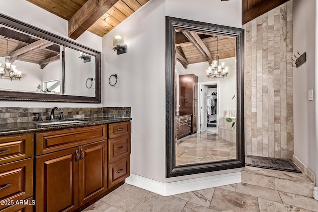 36723 N 33rd Ave, Phoenix, AZ 85086 - bathroom featuring vanity, vaulted ceiling with beams, a chandelier, and wooden ceiling
