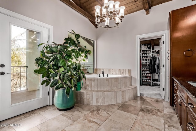 36723 N 33rd Ave, Phoenix, AZ 85086 - full bathroom with wood ceiling, a bath, beamed ceiling, vanity, and a notable chandelier