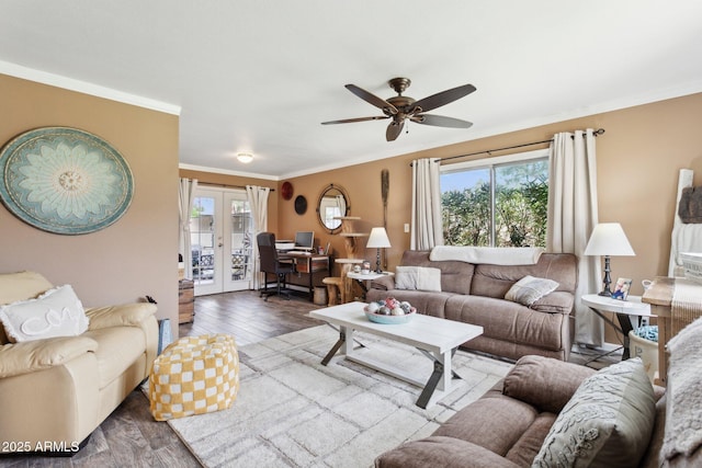 5154 N 83rd St, Scottsdale, AZ 85250 - living area featuring wood finished floors, plenty of natural light, crown molding, ceiling fan, and french doors