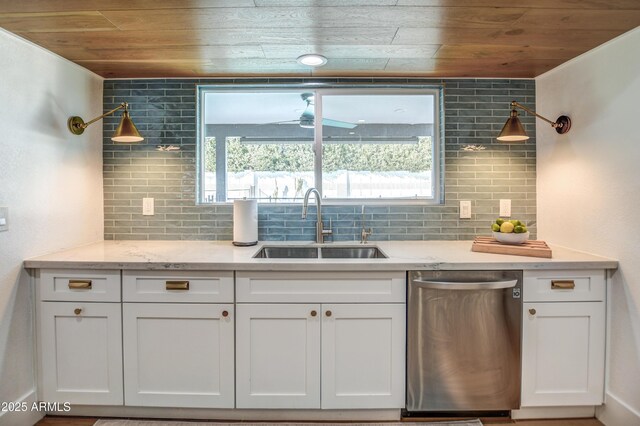 kitchen featuring white cabinetry, backsplash, wooden ceiling, and dishwasher