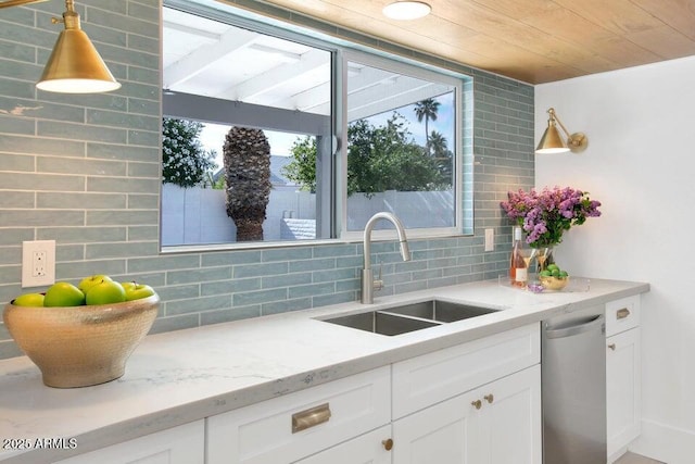 kitchen with plenty of natural light, sink, decorative backsplash, and wooden ceiling