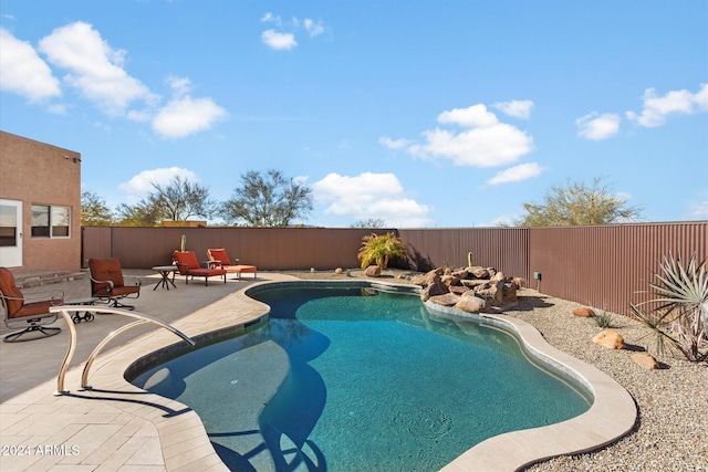 view of swimming pool featuring a patio area