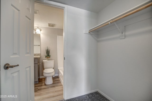 bathroom with vanity, toilet, and wood-type flooring