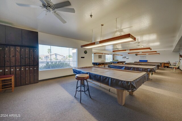 rec room featuring billiards, carpet floors, ceiling fan, and lofted ceiling