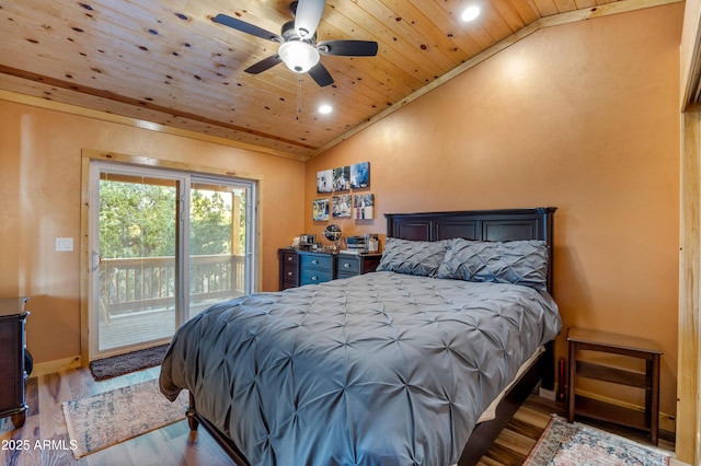 3334 Sawmill Ridge Loop, Heber, AZ 85928 - bedroom featuring lofted ceiling, wood ceiling, access to outside, recessed lighting, and wood finished floors