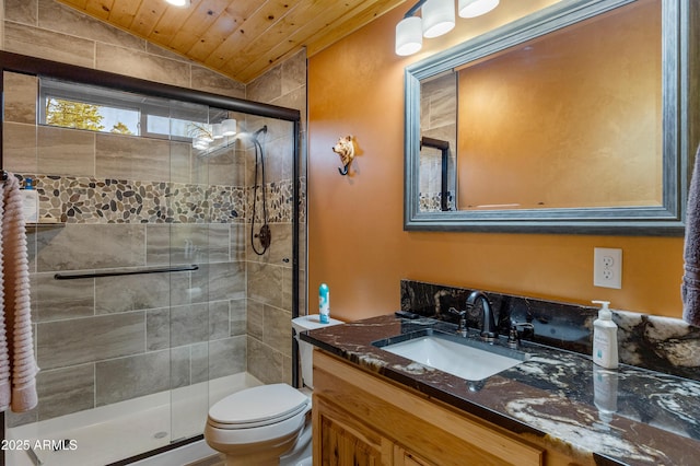 3334 Sawmill Ridge Loop, Heber, AZ 85928 - bathroom with vanity, toilet, a shower stall, vaulted ceiling, and wooden ceiling