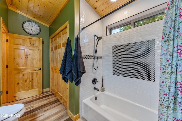 3334 Sawmill Ridge Loop, Heber, AZ 85928 - bathroom with shower / tub combo with curtain, wood finished floors, toilet, wood ceiling, and baseboards