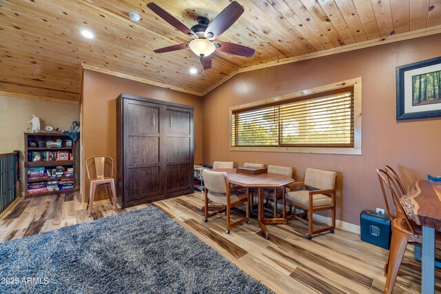 3334 Sawmill Ridge Loop, Heber, AZ 85928 - dining space featuring wood ceiling, ornamental molding, ceiling fan, light wood-style floors, and recessed lighting