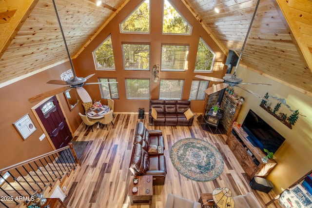 3334 Sawmill Ridge Loop, Heber, AZ 85928 - living area featuring wood ceiling, a ceiling fan, wood finished floors, a wood stove, and healthy amount of natural light
