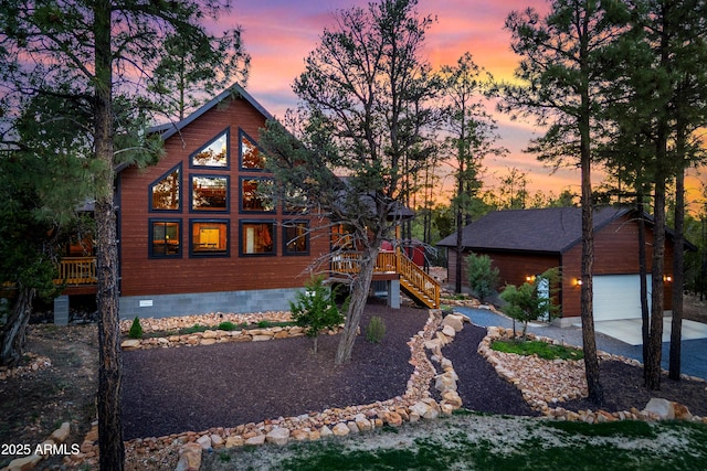 3334 Sawmill Ridge Loop, Heber, AZ 85928 - rustic home with an outbuilding, driveway, stairway, and a wooden deck
