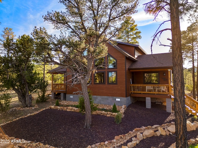 3334 Sawmill Ridge Loop, Heber, AZ 85928 - view of side of property with a wooden deck, crawl space, a shingled roof, and stairs