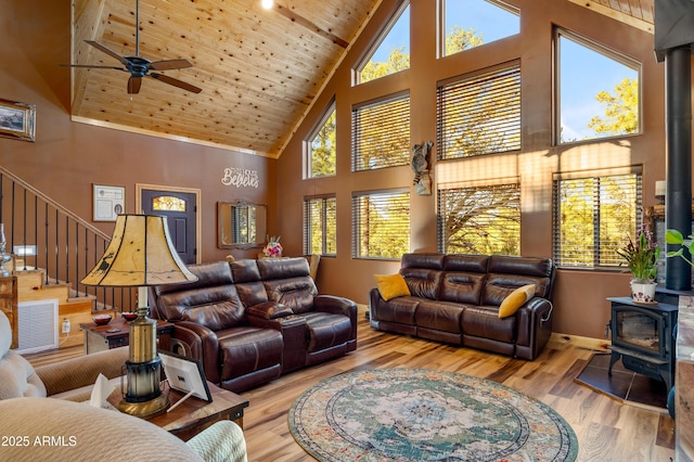 3334 Sawmill Ridge Loop, Heber, AZ 85928 - living room with a wood stove, high vaulted ceiling, wood finished floors, ceiling fan, and stairs