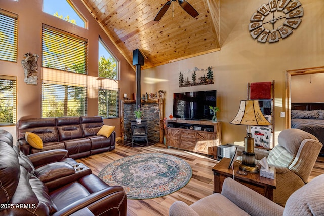 3334 Sawmill Ridge Loop, Heber, AZ 85928 - living room featuring high vaulted ceiling, a wood stove, a ceiling fan, wood ceiling, and wood finished floors